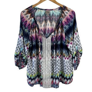 Como Vintage Colorful Blouse XXL Multi Patterned Crochet Accent Roll Tab Sleeve